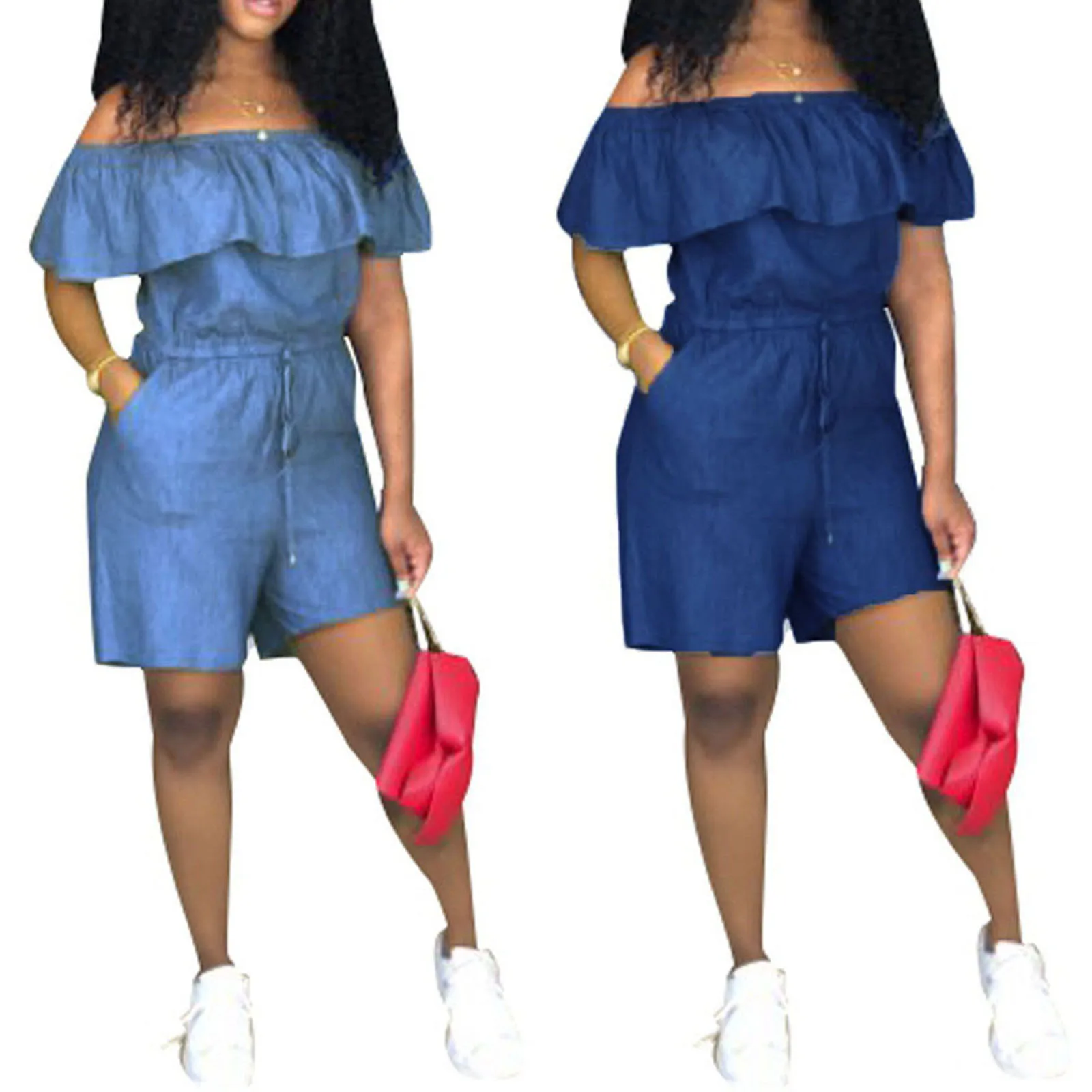 

Ladies Sexy Solid Color Jumpsuit, Summer Women Off Shoulder Flouncing Casual Denim Shorts Siamese Trousers with Belt