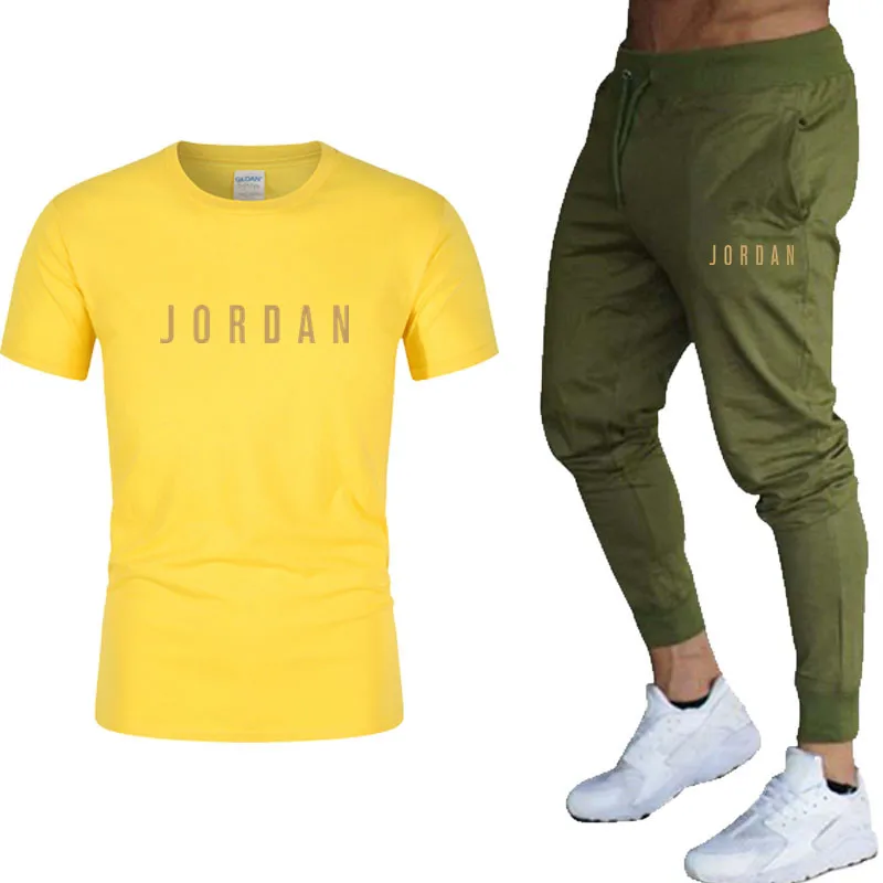 

2021 Pure Color Printing Summer Men's Suit Casual Cotton T-shirt + ArmyGreen Sports Pants Fitness Jogging Work Clothes Free