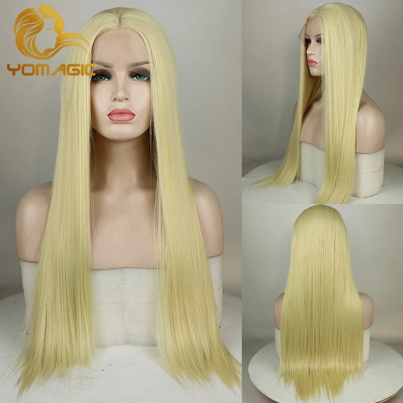 Yomagic блонд цвет синтетические кружевные передние парики для женщин шелковые