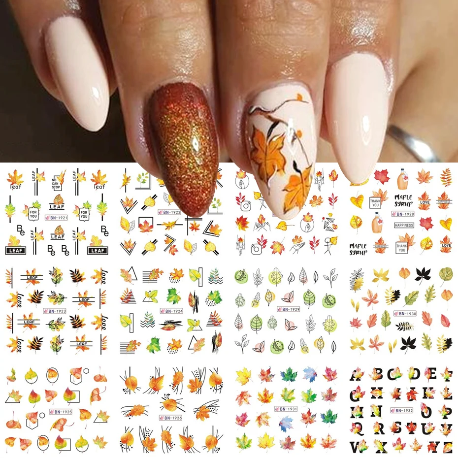 

Рождественские наклейки для дизайна ногтей, переводные наклейки с листьями клена, тыквой, снеговиком, переводные наклейки, декоративная Фо...