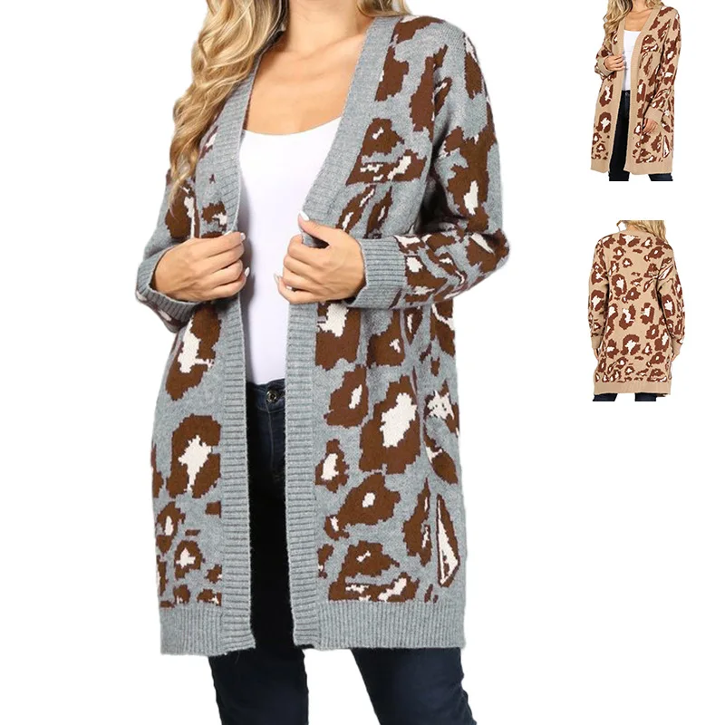 

2021 women's sweater winter fashion casual loose leopard print sweater women autumn cardigan knitted jacket jacket women