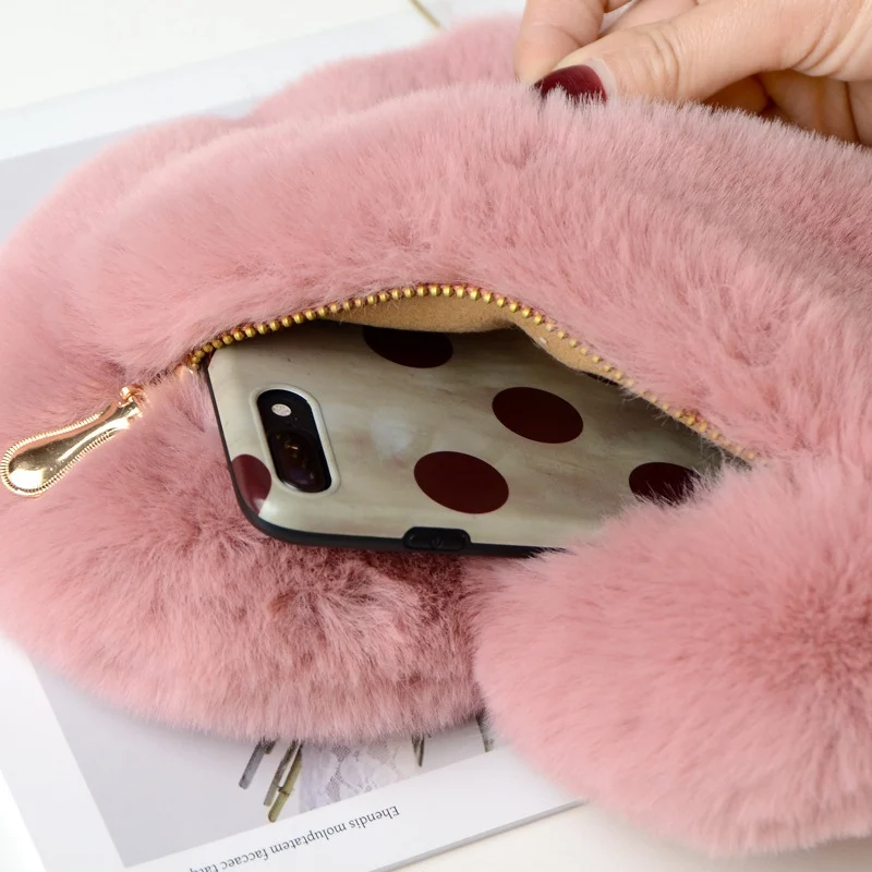 

Cute Girls Fluffy Rabbit Fur Heart Bag Handbags For Women Plush Fur Love Heart Purse Handbags Messenger Bag Female Party Gift