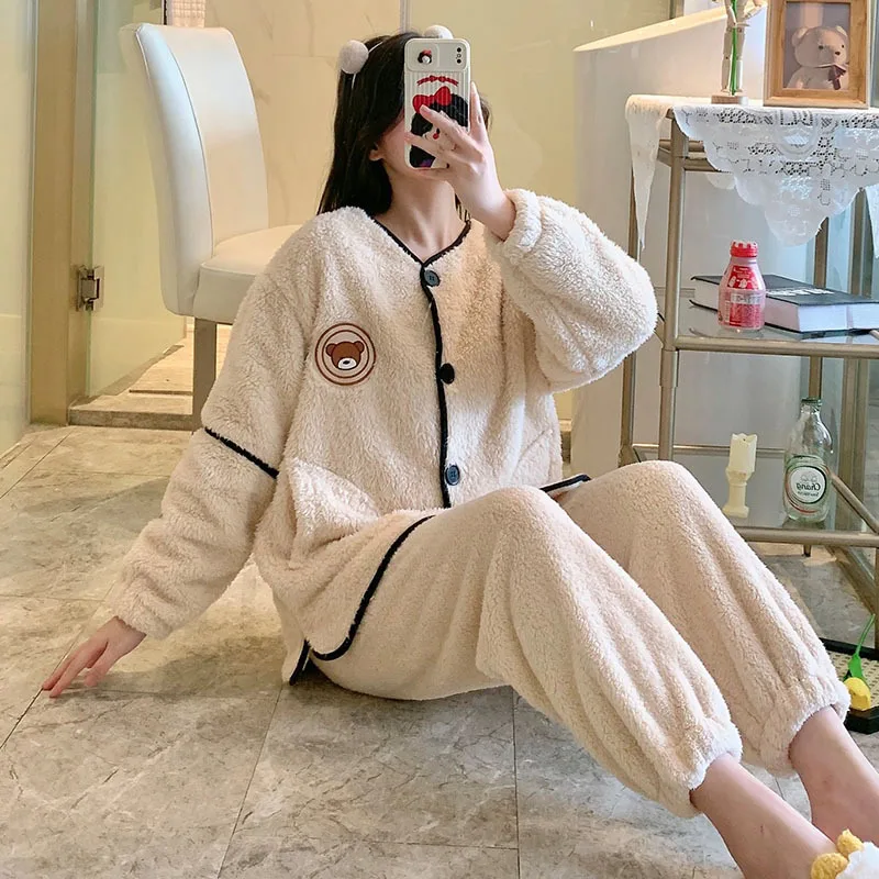 M-5XL New Female Autumn And Winter Flannel Thickened Warm Coral Fleece Home Wear Pajamas Set