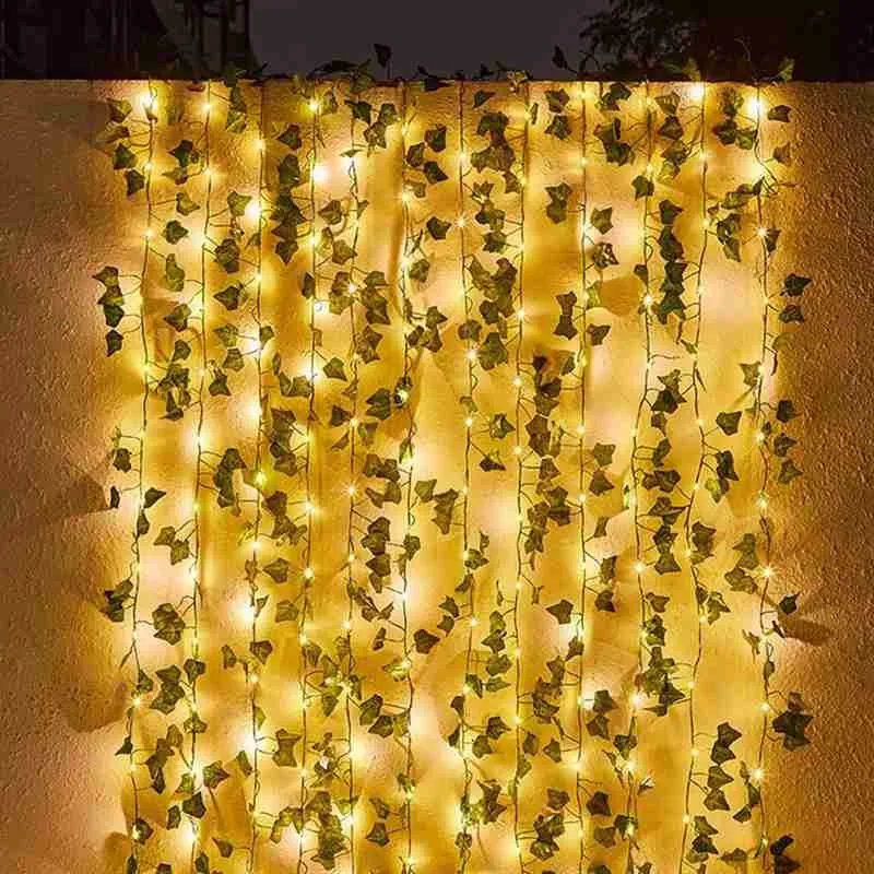 

Battery Powered Green Leaf Rattan Garland Light LED Wire For Wedding String 2m Decoration Copper Party Light Patio 20 Light P4D1