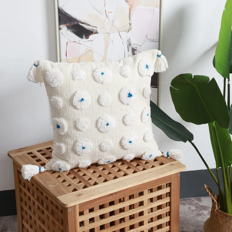 

Tufted Embroidery Stripe Pillowcase White dots Throw Cushion Cover Four Sides With Tassel Sofa Home Decorative PillowCover 40858