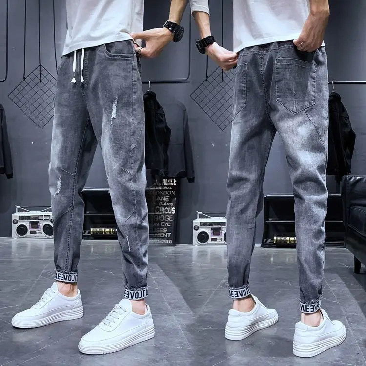 Spring autumn jeans pants gray elastic Korean version slim  straight pants tide Ankle-length Pants Harem Pants casual man