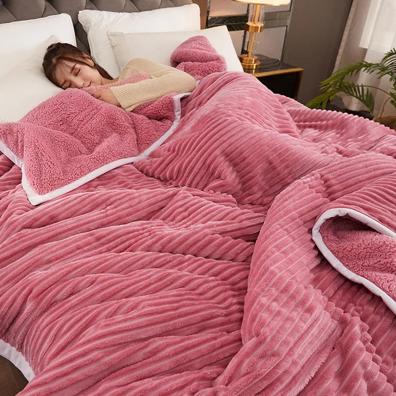 

Очень теплое фланелевое одеяло, зимнее трехслойное кашемировое одеяло, двухстороннее утолщенное Полосатое постельное белье, моющееся покр...