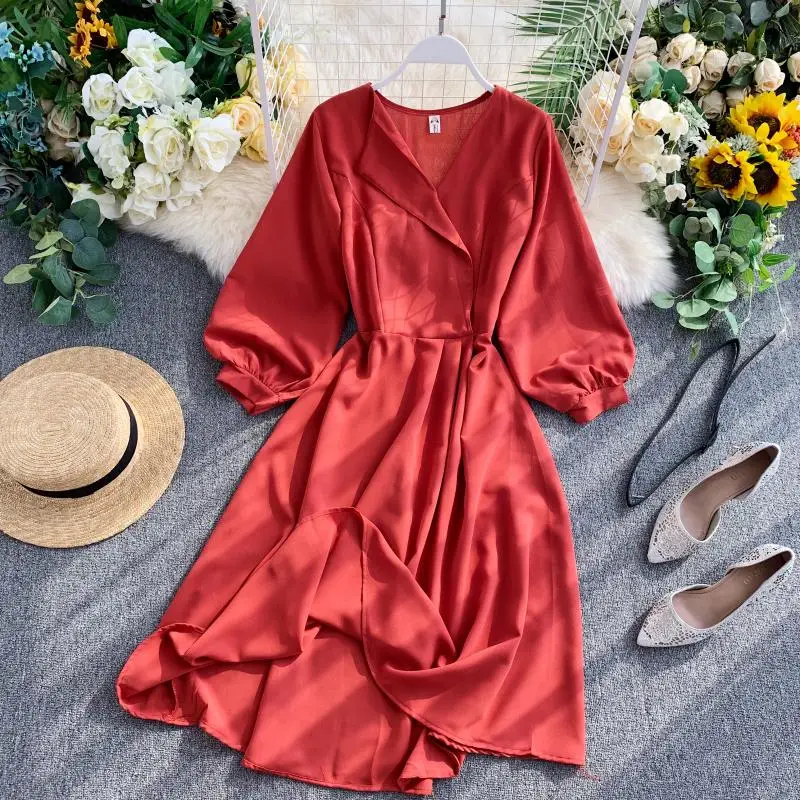 watermelon red HISUMA Новинка осени для женщин с v-образным вырезом из шифона, с объемным рукавом Платье трапециевидной формы Женский V образным вырезом элегантное приталенное Феи платья - Цвет: watermelon red