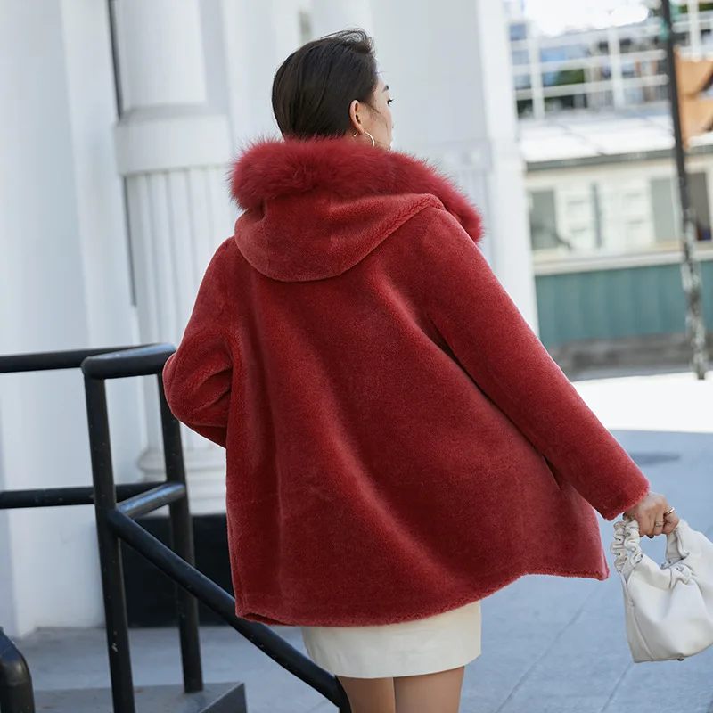 Real Fur Fox Collar Hood Sheep Sheared Mid Length Women Coat Wool Grain Outwear Autumn and Winter Elegant Warm Red Jacket