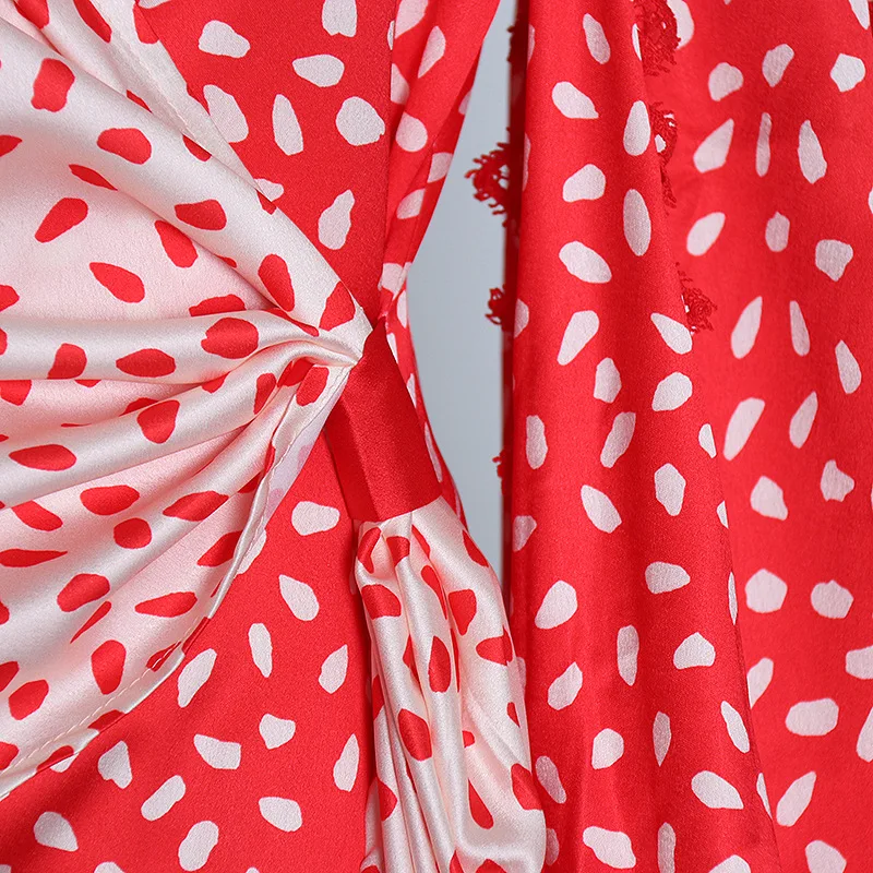 

Fashion Chic Hit Color Polka Dot Pattern Women Blouse 2021 New V Neck Lantern Sleeve Shirts Irregular Drawstring Femme Blusas