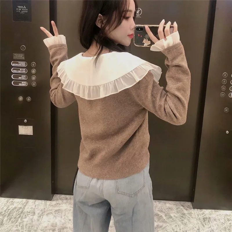 

Za Autumn Women Ruffle Knit Sweater Ladies Fashion Peter Pan Collar Long Sleeve Combination Pullover Female Casual Knitted Top