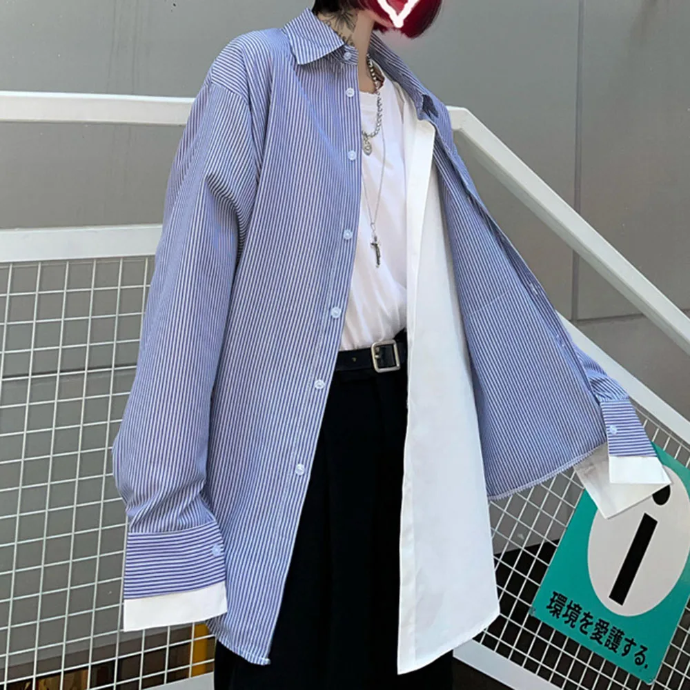 

Japan Style Blouse Spring Autumn Korean Fashion Loose Casual Stripe Irregular Fake Two Single-breasted Long Sleeve Lapel 2021