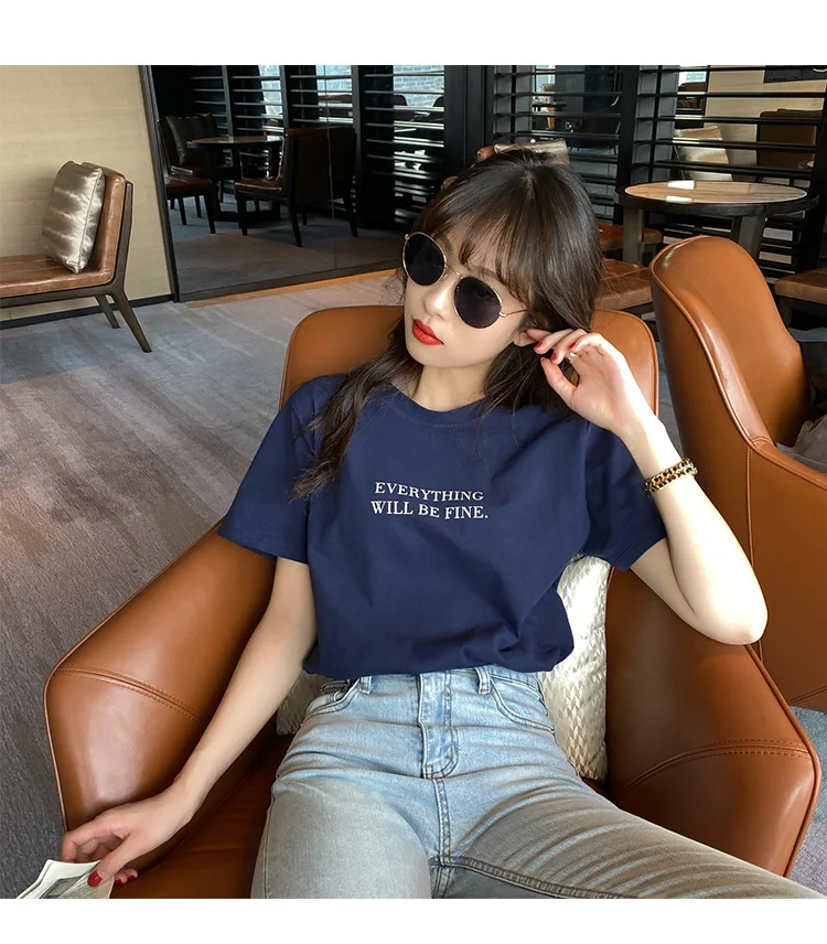 

Official cotton short sleeve T-shirt women's summer Korean version of the new simple background white clothes loose INS