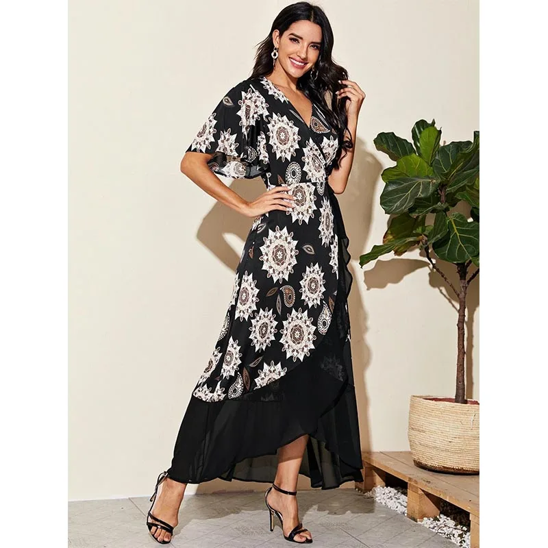 2020 Новое модное женское шифоновое платье с принтом асимметричное богемное