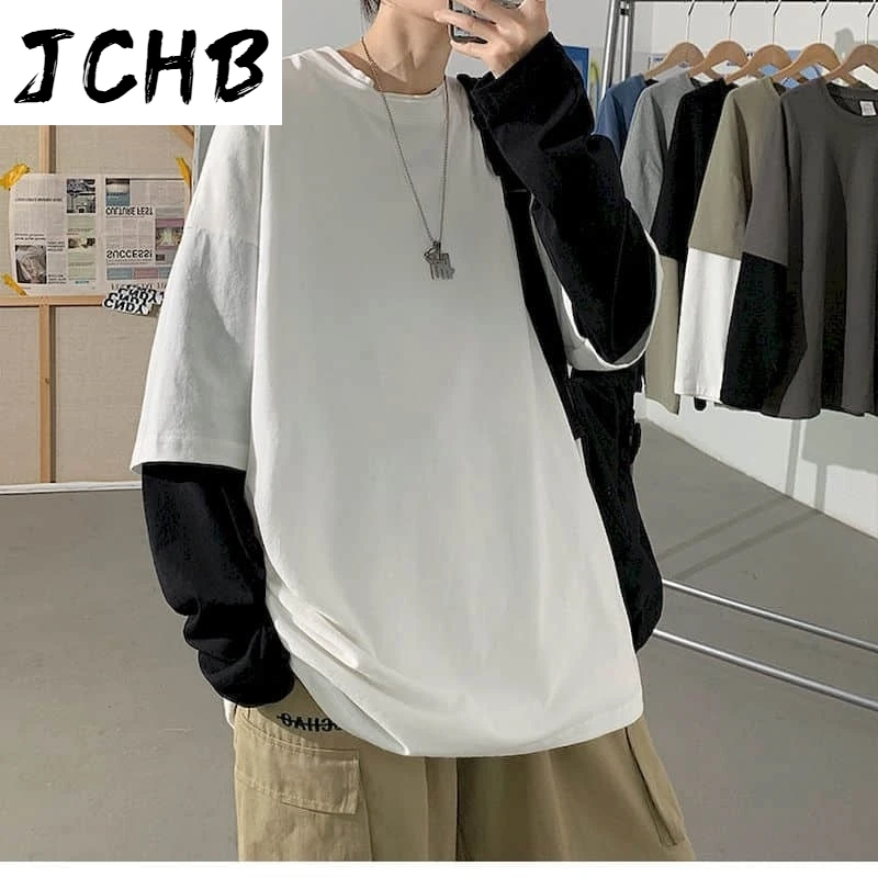 

2021 Fake Two-piece Tshirt Women t Shirt Men Upper Clothes Loose Thin Spring Autumn Korean Style Long-sleeved T-shirt Male Stude
