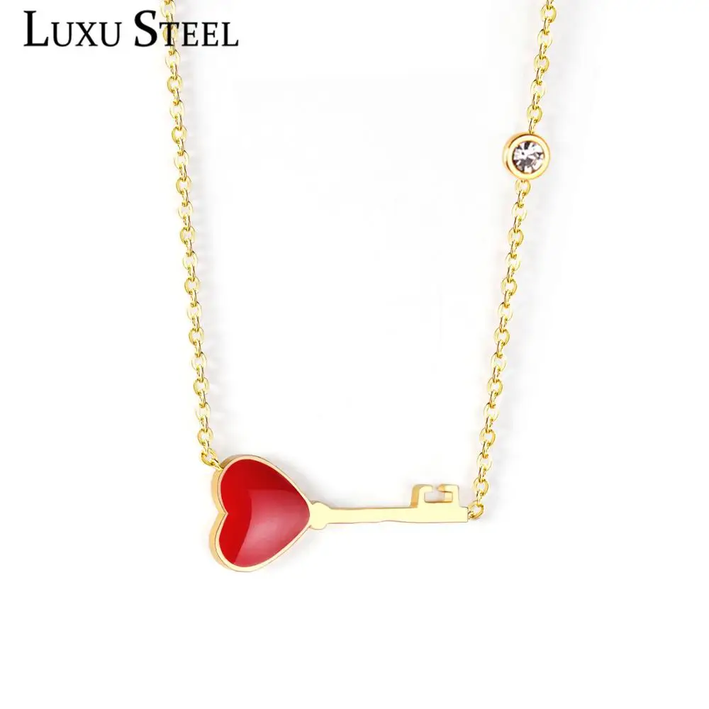 

LUXUSTEEL Christmas New Love Red Color Heart Key Pendants Cross Chains Necklaces Collars Choker Accessories Stainless Steel Part