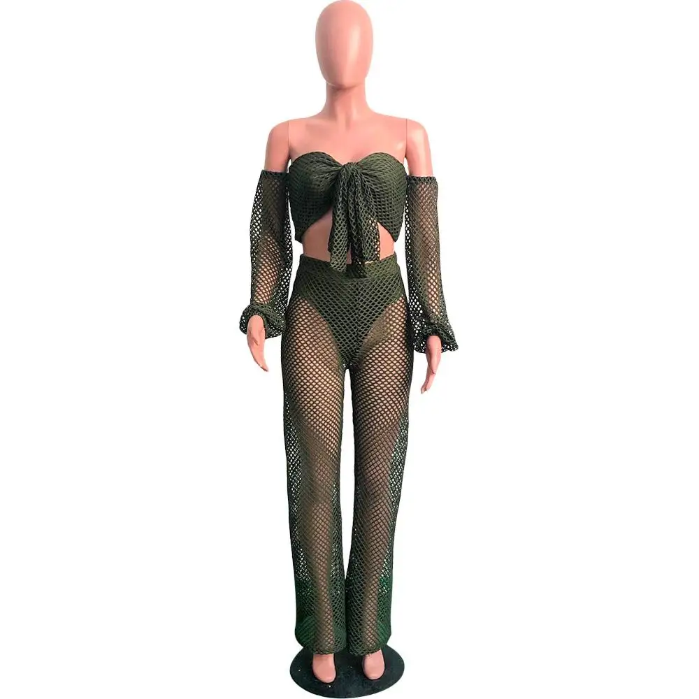 

ZITY Summer Hollow Out Jumpsuit Strapless Flare Sleeve Wide Leg Jumpsuit Two Pieces Set Summer Beach Women Clothing