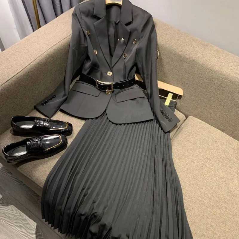 

Fashion New Korean Version Of All-Match Suit Jacket High Waist Skirt Set Two Piece Female Spring Fall Pleated