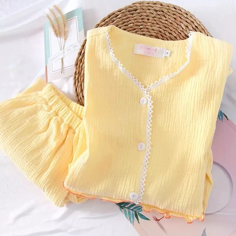 

V-Neck Pajama Sets For Women Long Sleeve Cotton Crepe Pyjamas Ladies Spring Autumn Sleepwear Home Clothes Nightwear Two Piece