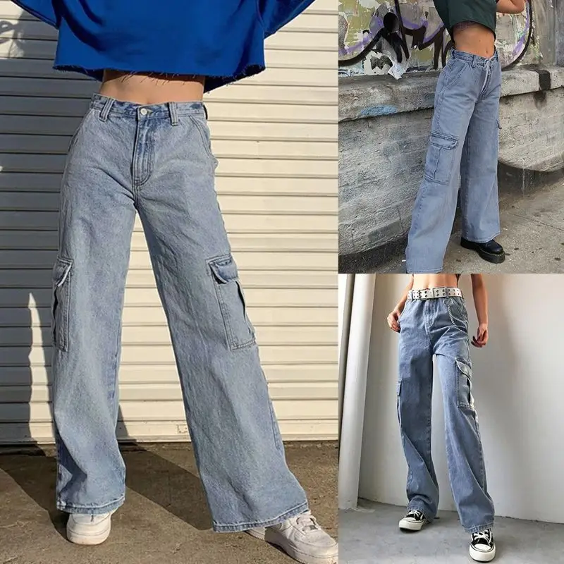 Женские Мешковатые прямые джинсы с высокой талией и большими карманами, Лоскутные Джинсовые брюки-карго с широкими штанинами, летние повсе... от AliExpress RU&CIS NEW