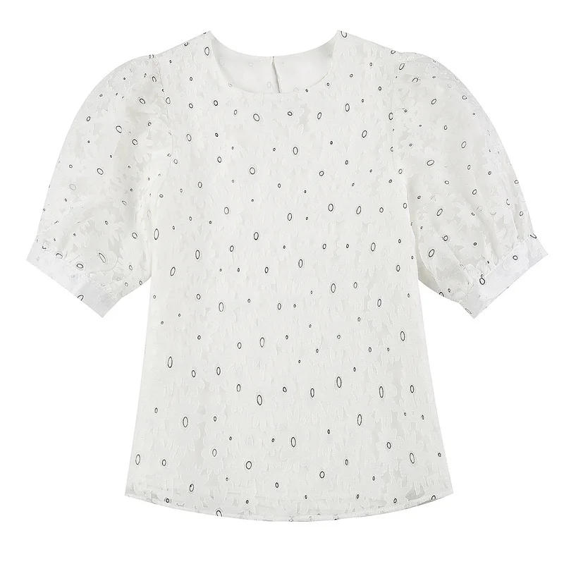 

Women Floral Blouse 2020 Summer Korean Style Office Lady Short Sleeve Polka Dot White Shirt Women O Neck Pullover Ladies Tops