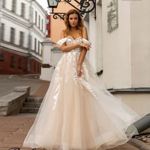 Light Champagne Princess Wedding Dresses A-Line Elegant Off the Shoulder Lace Up Romantic Appliques vestidos de novia