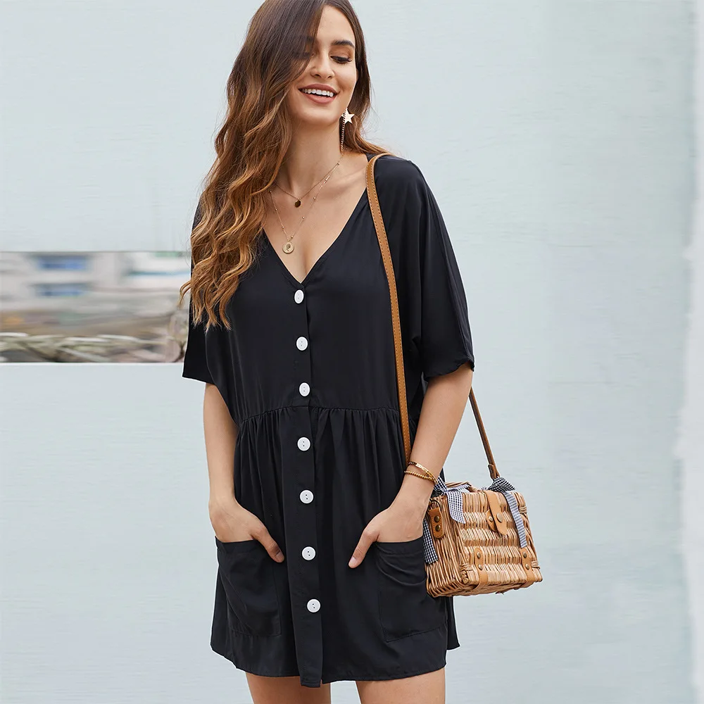 

New dress Short sleeves in solid summer V is gotten loose Big yards dress Women's clothing