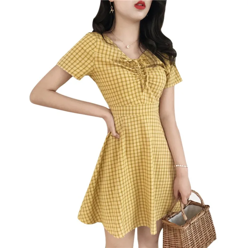 Женское платье с коротким рукавом v-образным вырезом клетчатым принтом вишни