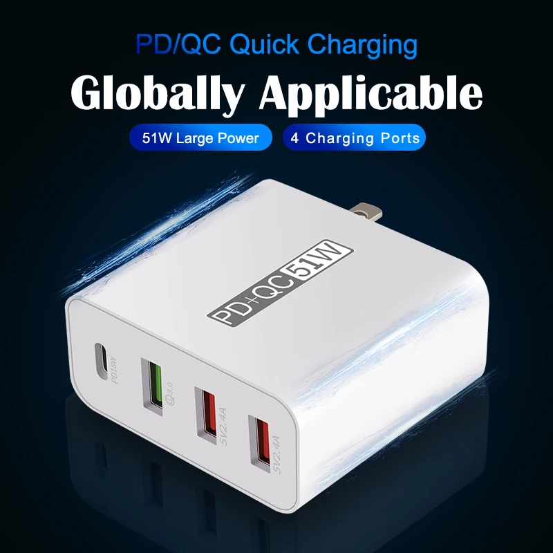 

51W Multi Charger 18W PD Fast Charging For iPhone Samsung Dual USB Charger 4 Ports 18W QC3.0 Quick Charge USB Power Adapter