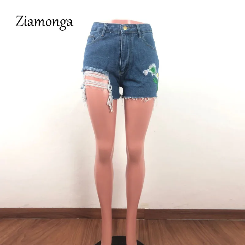 Blue Ziamonga летние модные женские дизайнерские Рваные джинсовые шорты с вышивкой, женские джинсовые шорты с цветочной вышивкой - Цвет: Blue