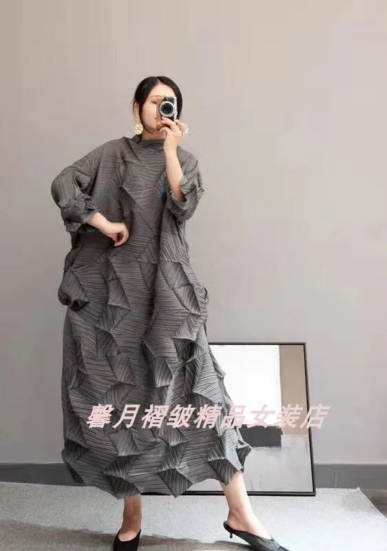 Горячая Miyake модное платье со складками со стразами, однотонное Свободное длинное платье со стоячим воротником