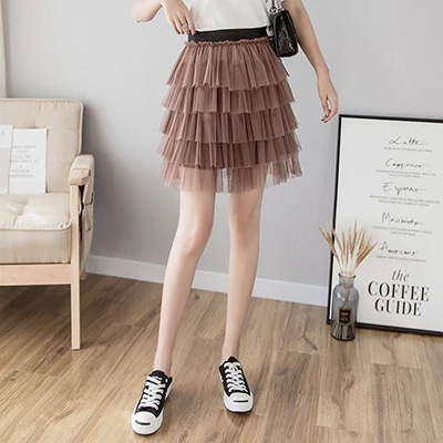 coffee skirt Корейская юбка из тюля и сетки, Женская эластичная многослойная мини плиссированная летняя юбка с высокой талией в стиле пэчворк, винтажная юбка-пачка для взрослых - Цвет: coffee skirt