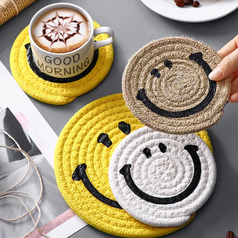 

Хлопковые веревочные коврики для стола, тканая подставка для чашек, подставки для выражения улыбки, Нескользящие подставки, украшение стол...