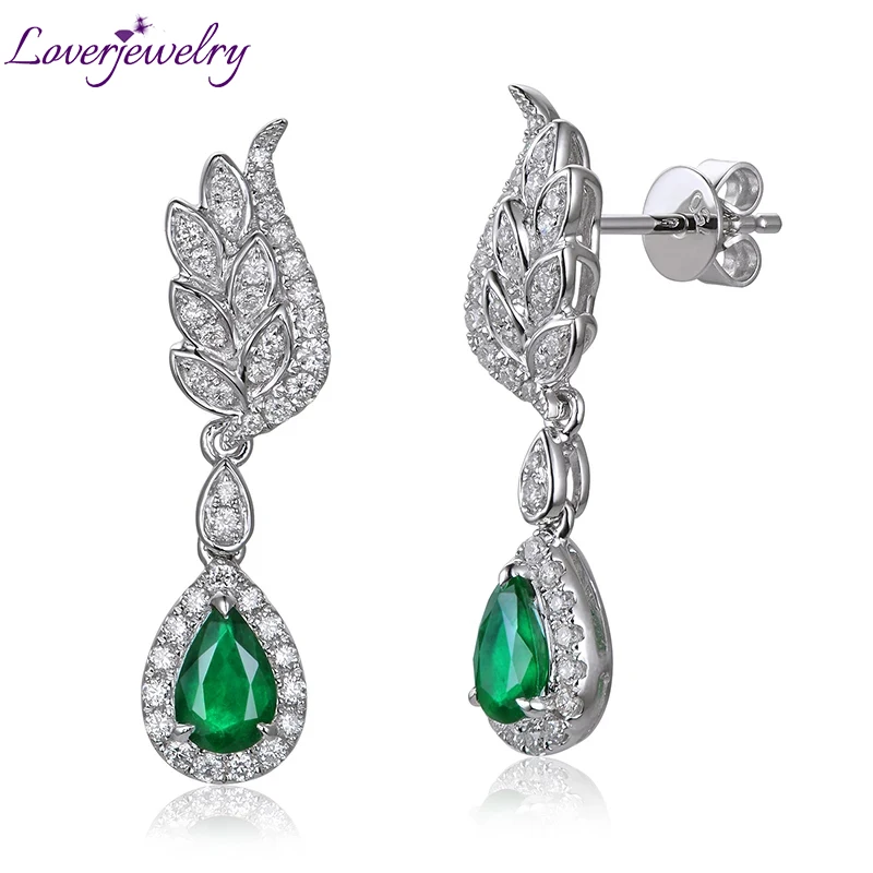 

LOVERJEWELRY Angel Wings Drop Earrings Emerald Natural Stone Real 14K au585 White Gold G-H Diamonds Women Dangle Emerald Earring