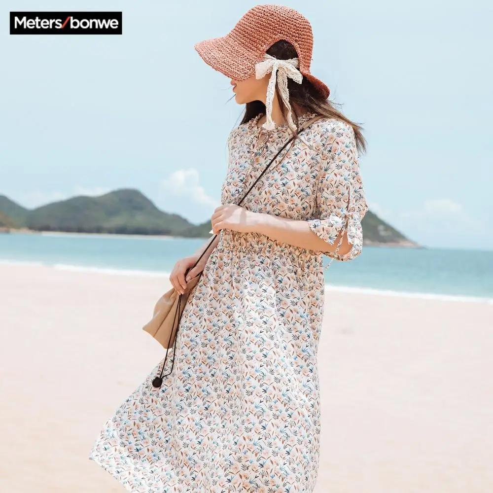 Metersbonwe летнее абрикосовое длинное платье для отпуска женское ТРАПЕЦИЕВИДНОЕ