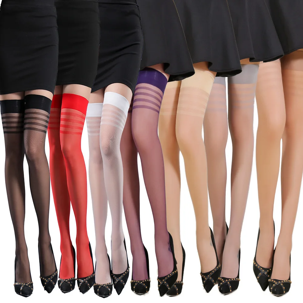 

Women Sexy Over Knee Stockings Sheer Thigh High Stocking Rib Top Cuff Stocking Stripe Silk Woman Nylon Medias Leggings 7 Colors