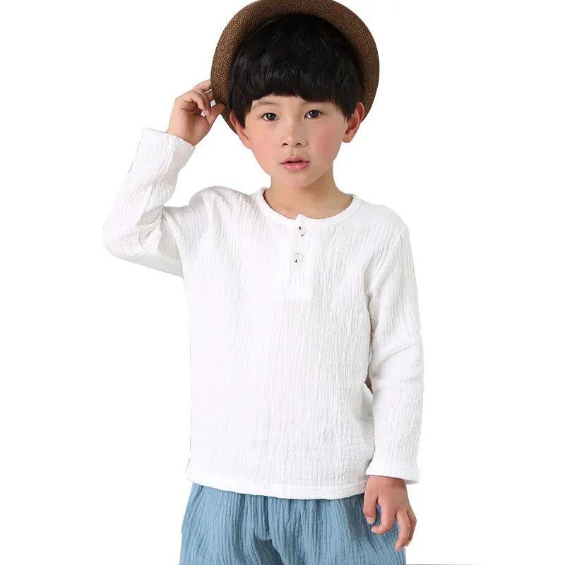 Однотонная льняная футболка с длинным рукавом для мальчиков | Детская одежда и