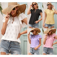 summer new women t shirt hollow tie solid round neck european american office ladies lotus leaf sleeve butterfly sleeve top
