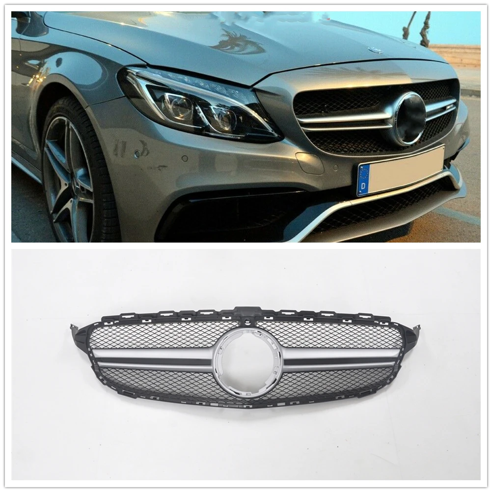 

Решетка для Mercedes Benz C Class W205 AMG 2015-2018 C250 C300 C200, передняя решетка с отверстием для камеры, серебристая, для верхнего бампера автомобиля
