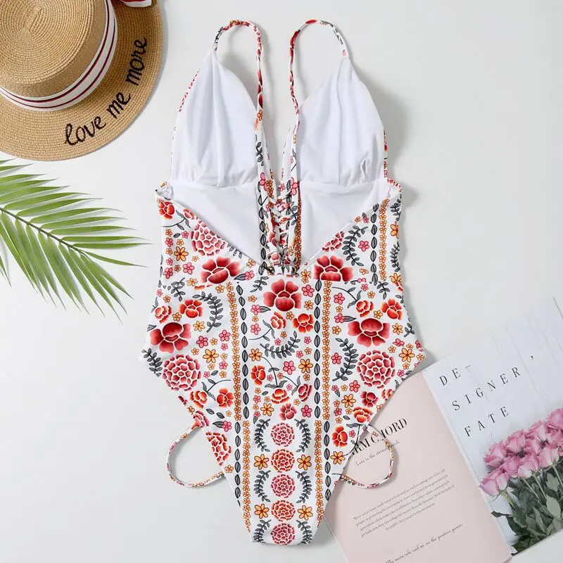 

Sexy Bandage 2020 Floral Print One Piece Swimsuit Women Push Up Bathing Suit Black White Red Swimwear Female Monokini Beachwear