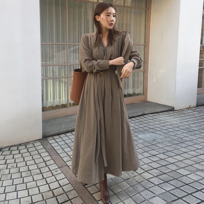 

Vintage Chic Full Sleeve Elegant V Neck Dresses Women Single Breasted Ankle-length Long Dress Female Sashes Maxi Dress