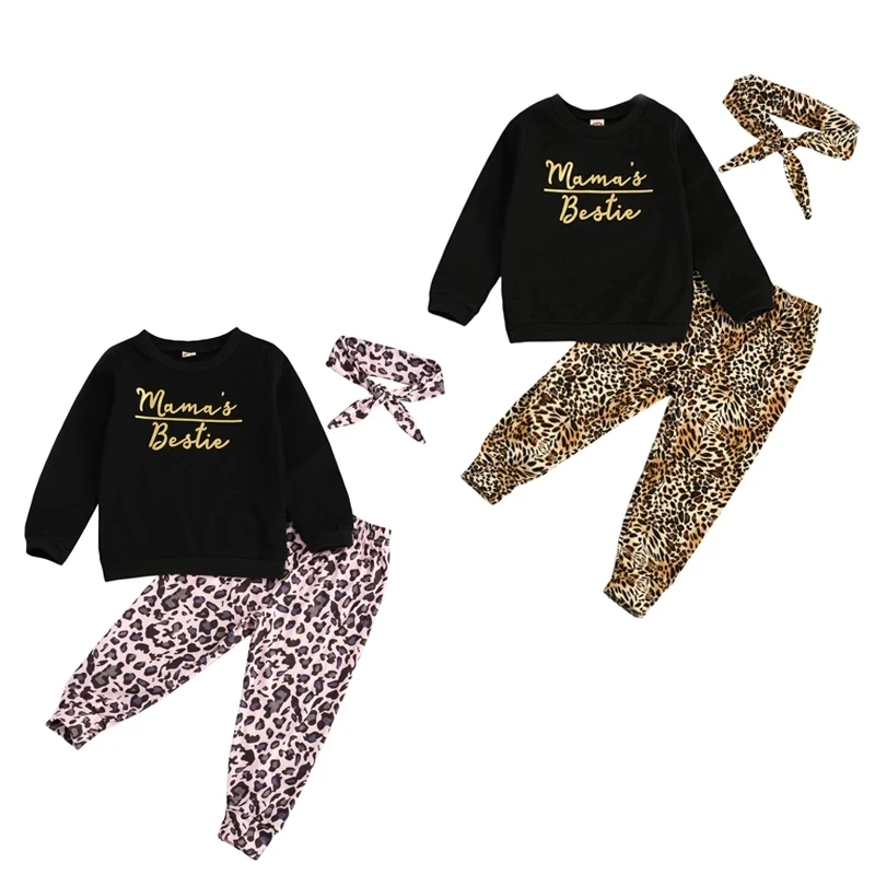 

1-6Y Autumn Kids Baby Girls Clothes Sets Letter Leopard Print Long Sleeve Pullover Sweatshirt Tops Pants Headband