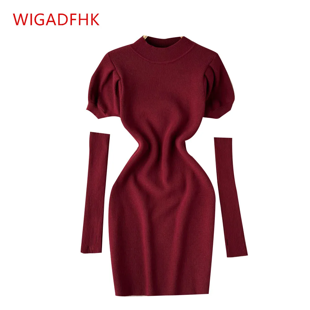 

Korean Fashion Half-height Leader Set Two-wear Puff Sleeve Knitted Dress Women Summer Slim Stretch Short Base Sweater Dress
