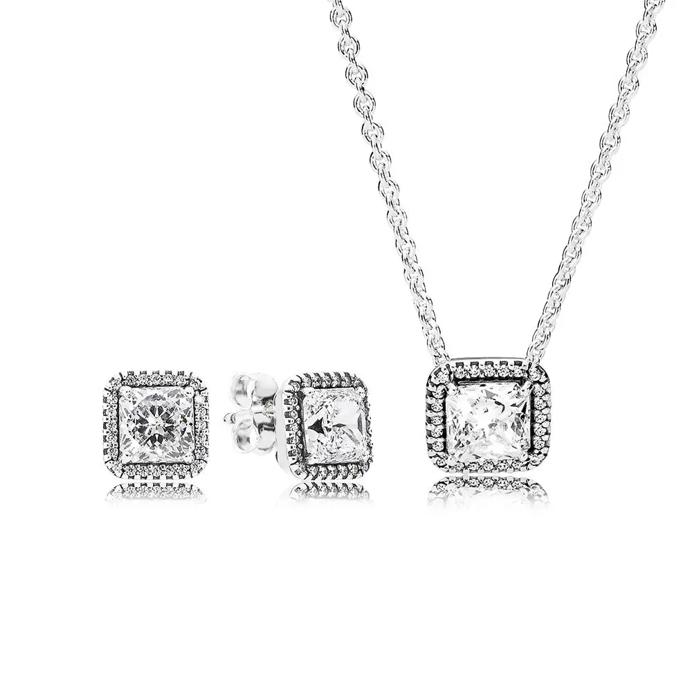 

NEW 100% 925 Sterling Silver Timeless Elegance Earring and Necklace Set Original Clear CZ Fit European Girl DIY Jewelry Gift