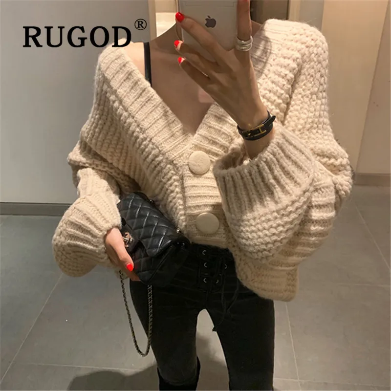 RUGOD New Korean Style V-neck Elegant Ovrsized Knitted Cardign Women Big Button Candy Color Sweater Fashion 2019 |