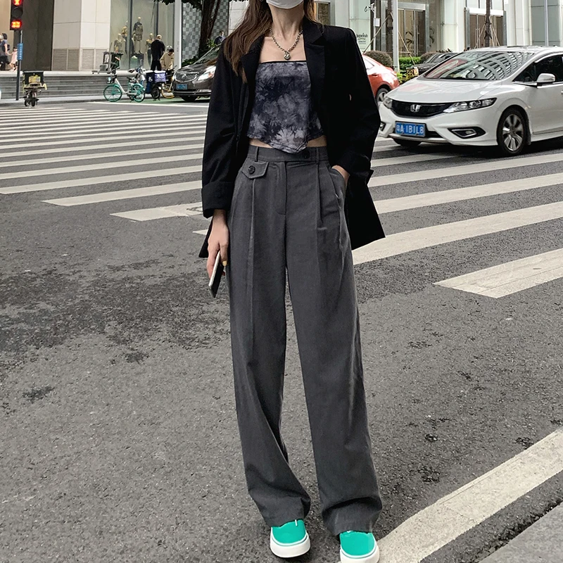 

Wavsiyier Loose Casual 2020 Pant Fashion Office Straight Autumn Spring High Waist Solid Trousers Women Suit Korean Wide Leg