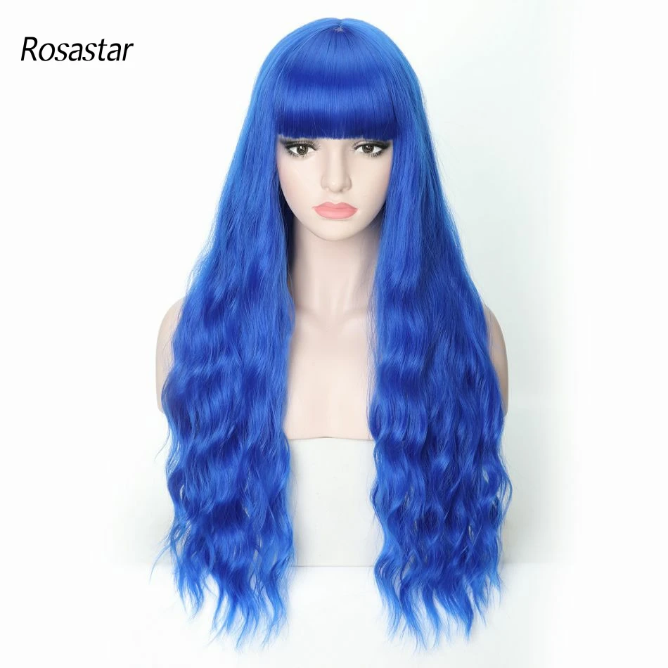 

Rosastar High Quality Long Sapphire Blue Water Wavy with Bangs Natual Heat Resistant Synthetic Wigs For Women For Any Occasion