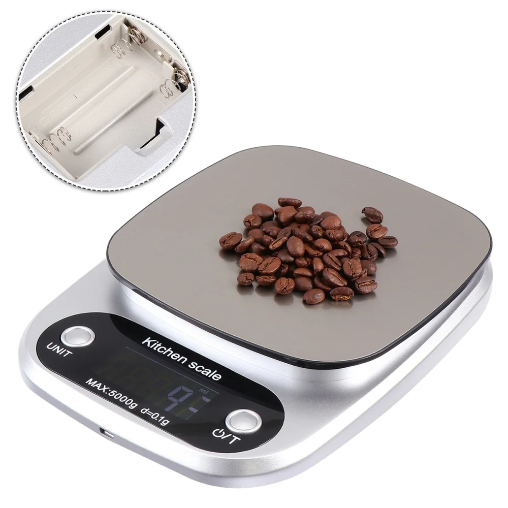 

1PC 5kg/0.1g Rechargeable Kitchen Scale Stainless Steel Accuracy LCD Display Digital Scale Measurement Tool (Silver)