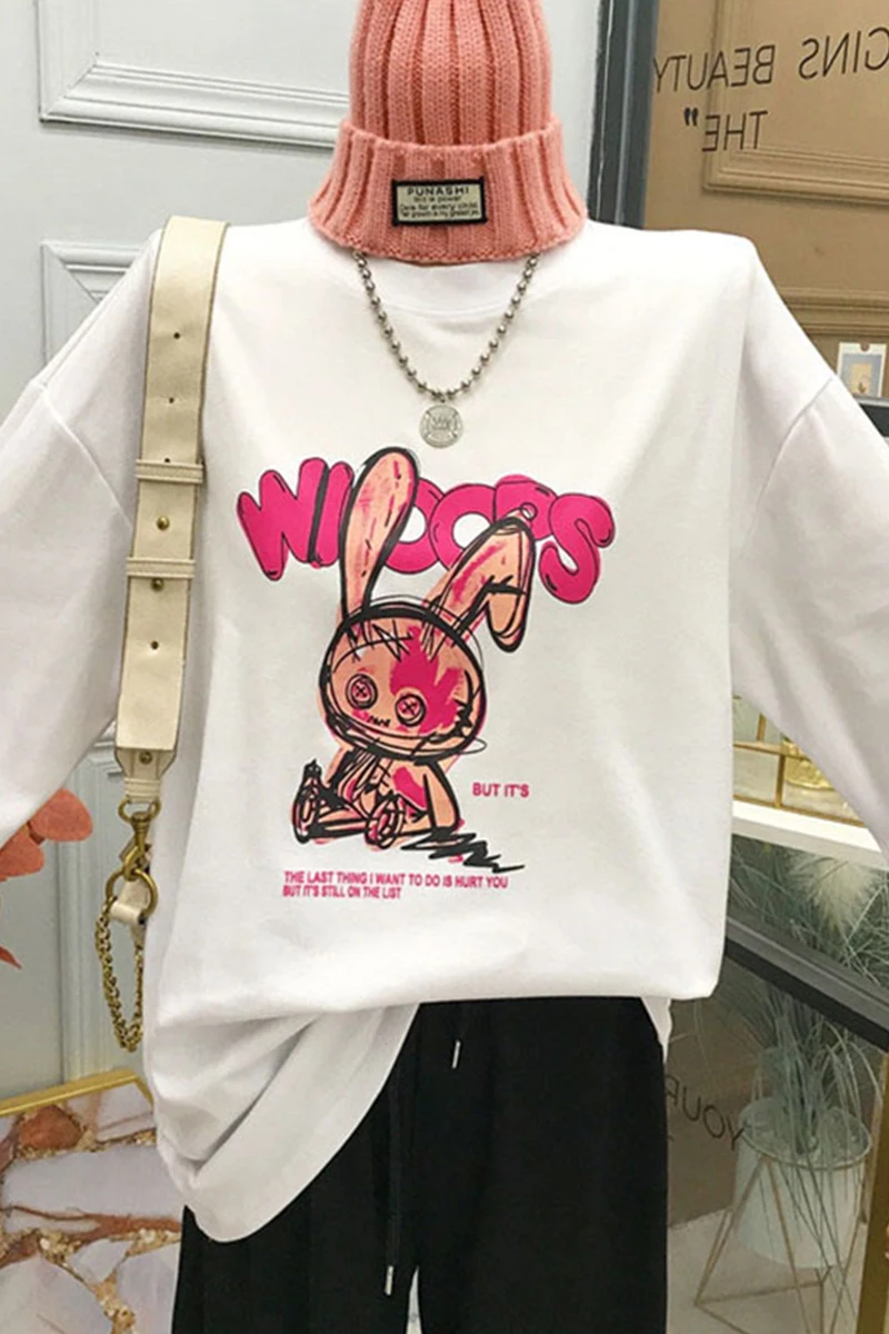 

Summer Cartoon Print Women's T-shirt O-Neck Top Cotton The New Comfortable Loose Fashion Casual Long Sleeve