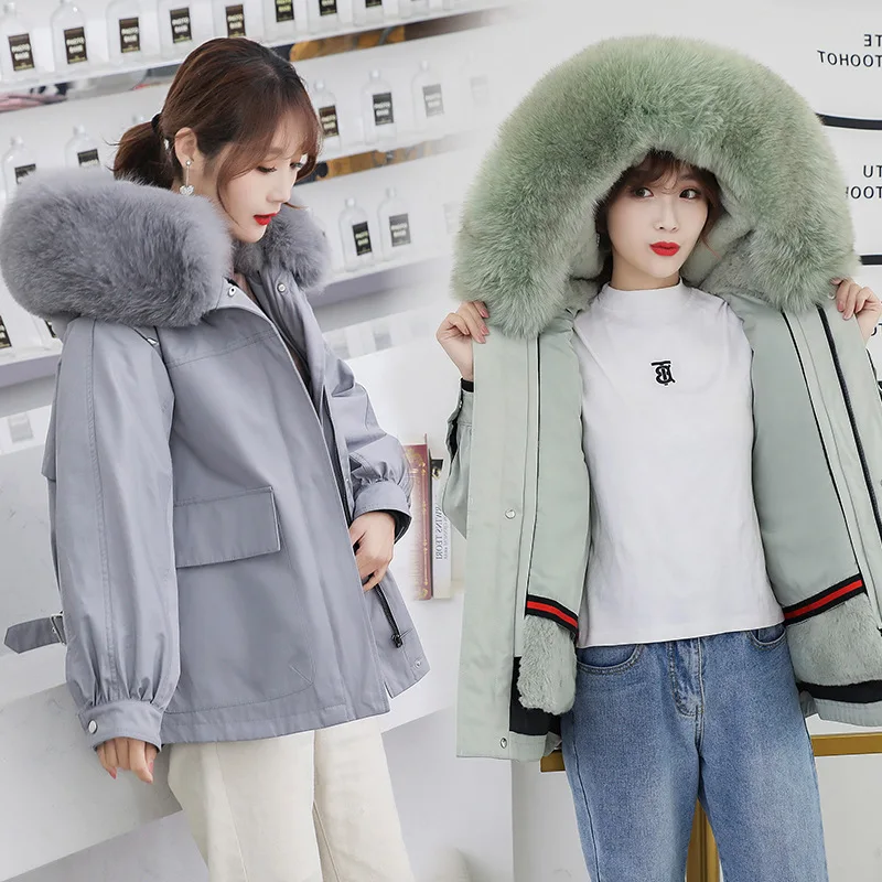 

Натуральный мех парка куртка одежда Паркер Женская подкладка из кроличьего меха Рекс натуральный Лисий меховой воротник укороченная ветро...